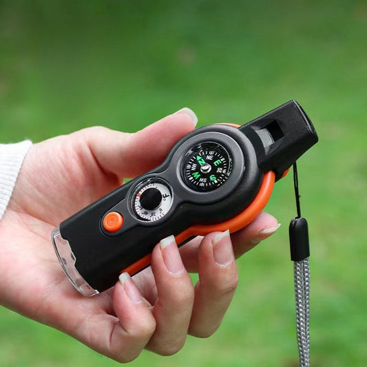 7-in-1 Ultimate Survival Whistle - Multi-Functional Outdoor Safety Tool (Compass, Thermometer, LED Light & More)
